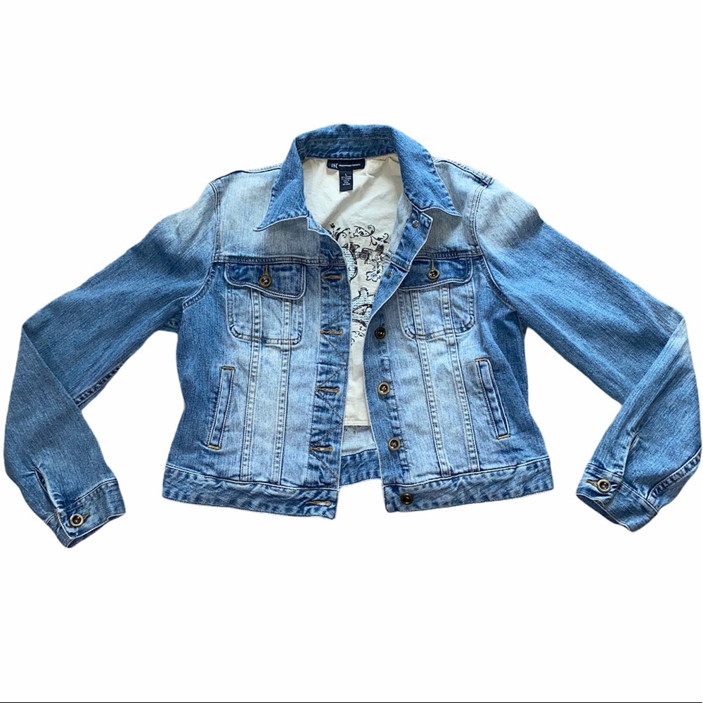 INC International Concepts Bedazzled Back Jean Denim Jacket sz L